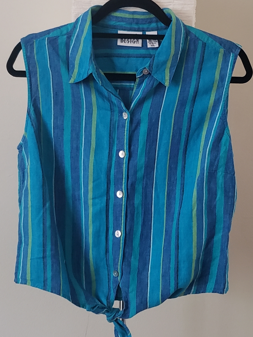 Chico’s Linen Tie Front Tank M Green Blue Striped Boho Resort Vacation Summer